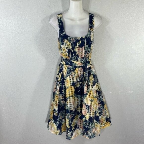 NWT Anne Klein navy floral belted check square fit and flare dress 8 UU10 - Picture 9 of 14